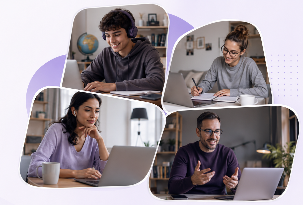 Estudiantes y profesionales tomando clases de inglés en línea desde casa.